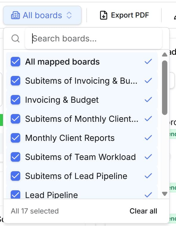 Board filter dropdown showing all connected boards including sub-items