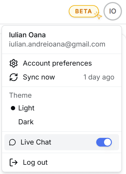 Account preferences dropdown showing the Live Chat toggle switched on