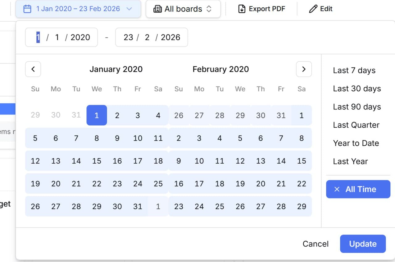 Date range picker with preset options and calendar