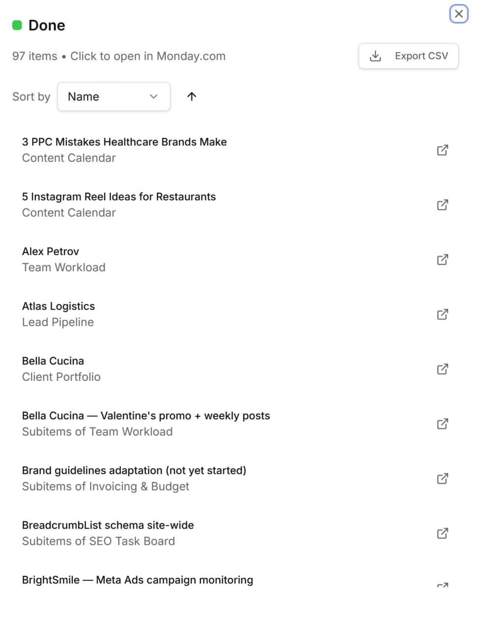 Drill-down view showing individual items with sort and CSV export options