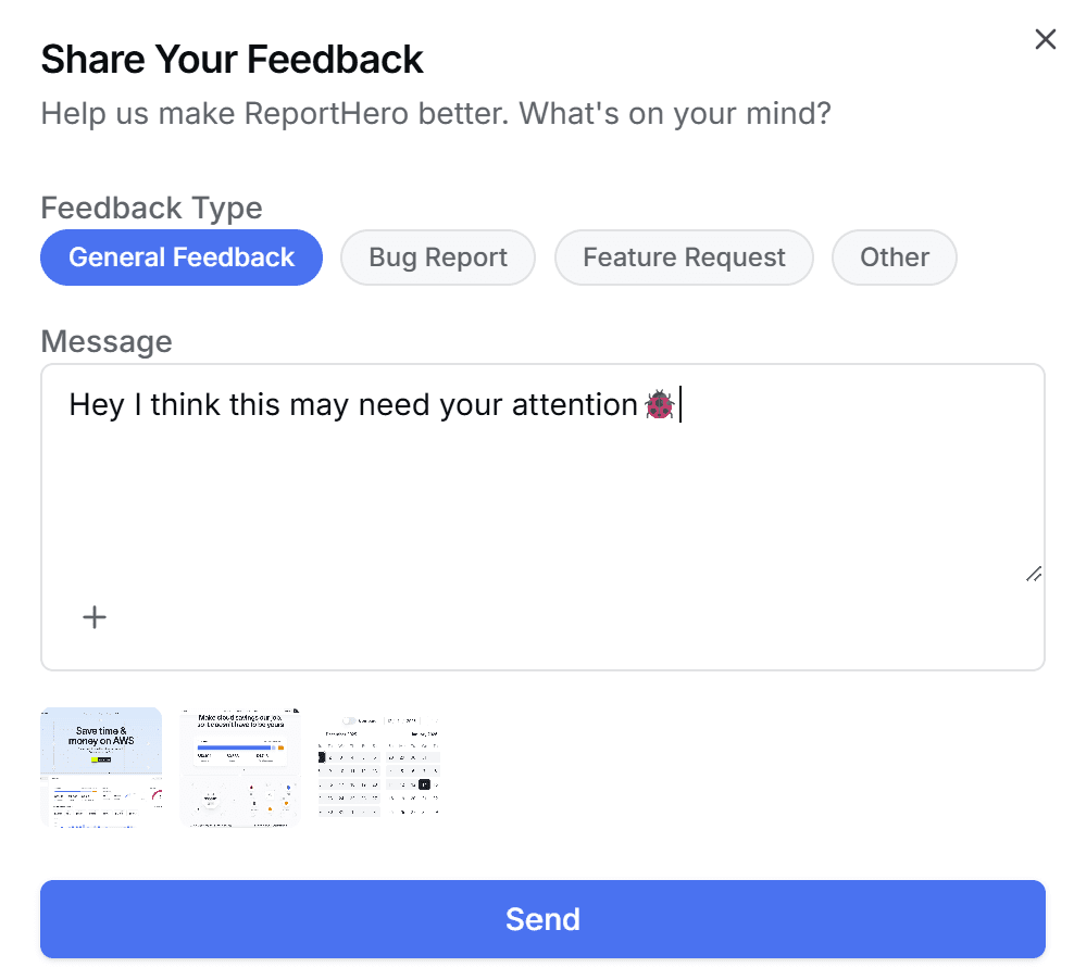 Share Your Feedback dialog with feedback type selector, message field, and file attachments