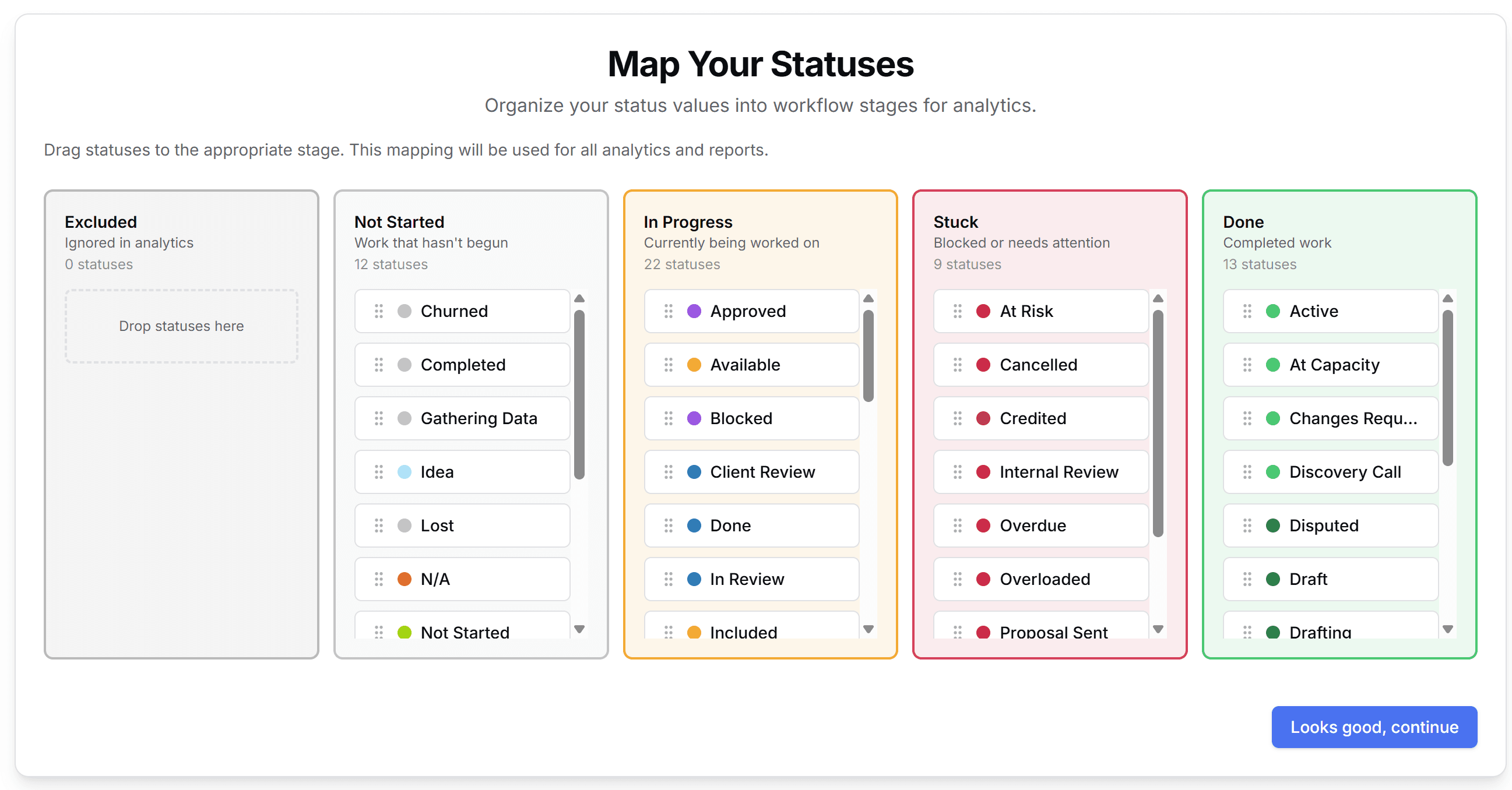 Map status values to workflow stages by dragging and dropping