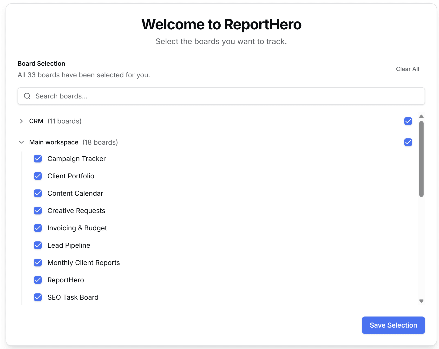 ReportHero board selection screen showing workspaces and boards