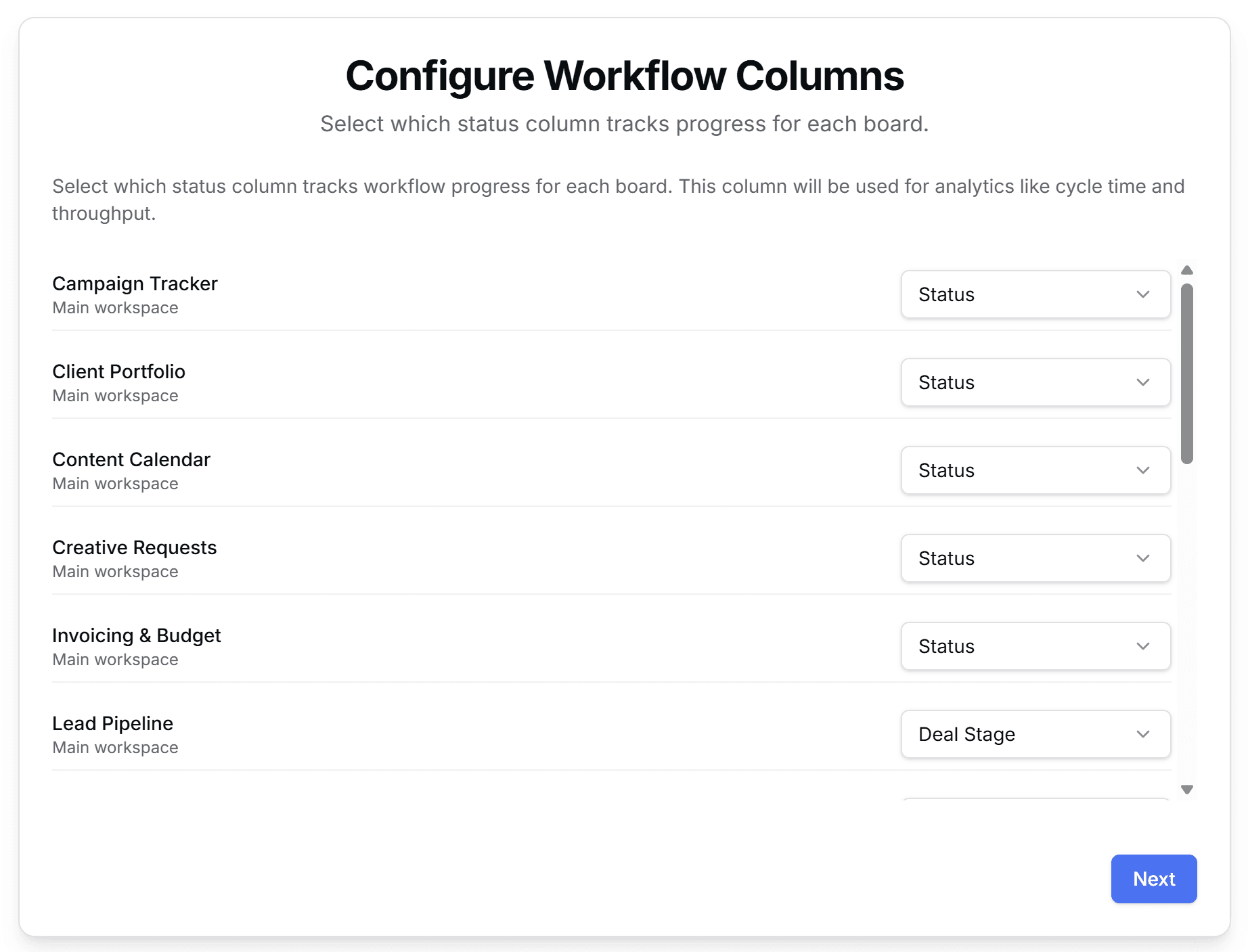 Configure workflow columns for each board